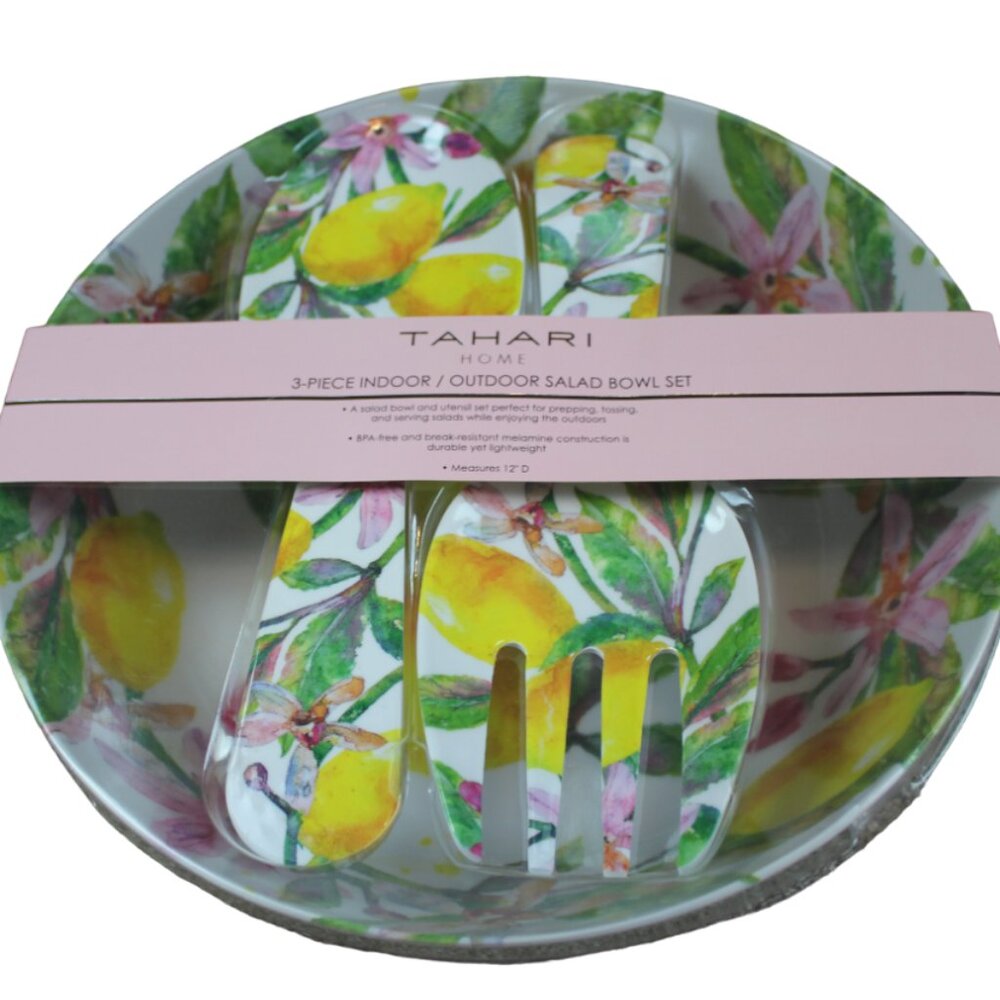 Tahari Home Lemon Floral Salad Bowl Utensil Set Melamine Yellow Pink 12" NWT